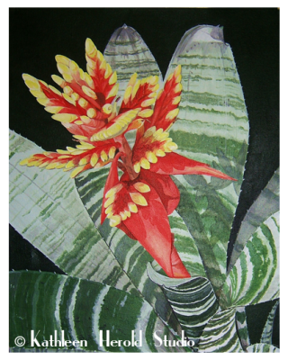 Bromeliad Acrylic Painting in Red, Yellow, Green